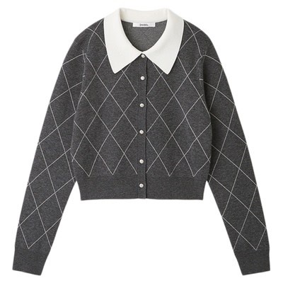 SNIDEL2025秋冬新品学院风翻领长袖格纹针织开衫上衣SWNT255170