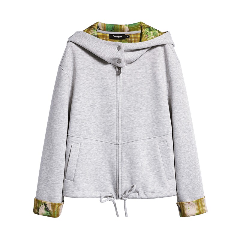 Desigual26秋冬新品斑驳格纹印花内里抽绳连帽卫衣女式外套
