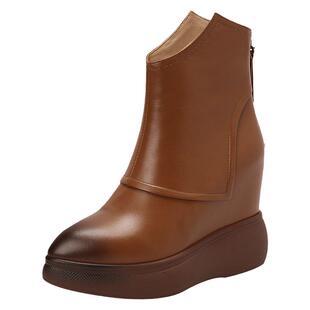 真皮内增高12CM短靴女棕色马丁靴百搭短筒春秋单靴后拉链女靴子