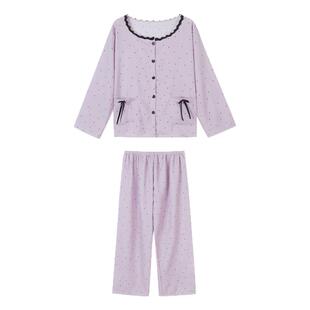 馨帮帮Homedress 甜美蕾丝边波点睡衣女款秋季宽松休闲家居服套装