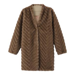 PAPERLLL辛间人字纹中长款环保毛皮草女冬季气质复古加厚毛毛外套