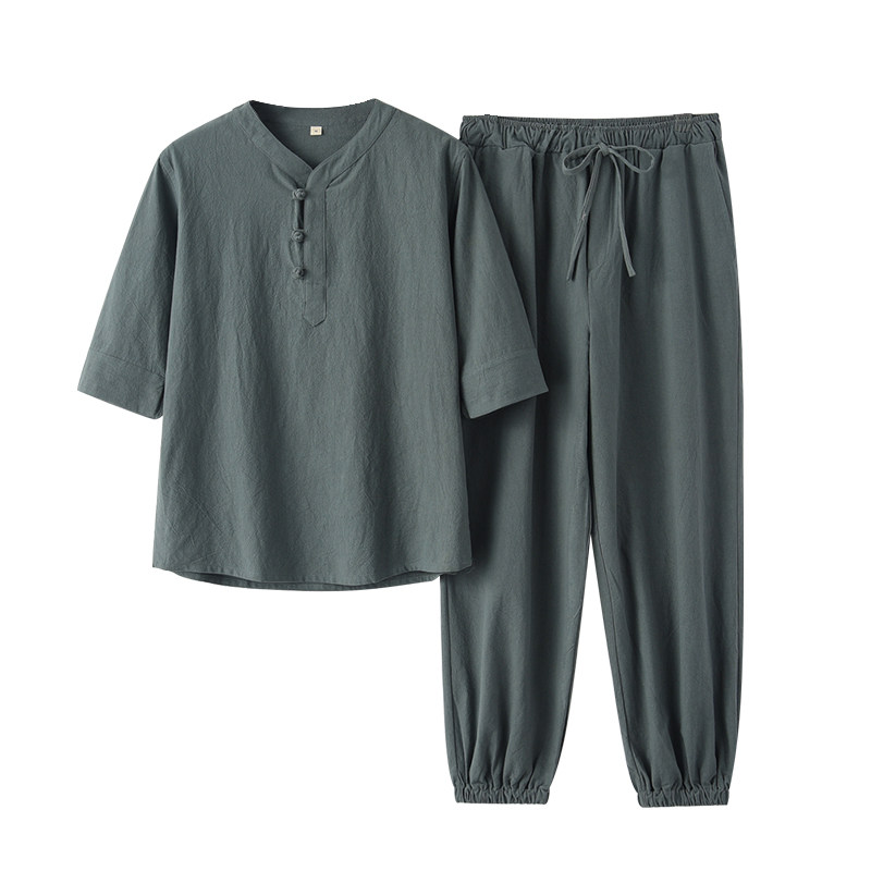 棉麻潮牌复古汉服v领半袖唐装