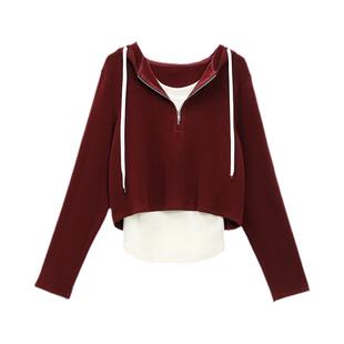 TurnSignal 短款连帽长袖T恤女2026新款休闲宽松半拉链开襟上衣