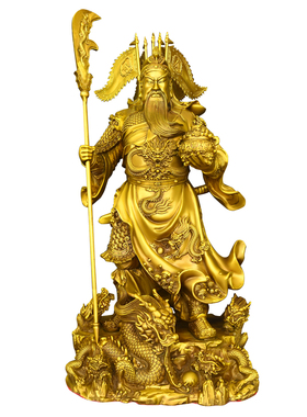 黄铜九龙关公立刀提刀托宝武财神铜像关羽关二爷武圣家居客厅开业