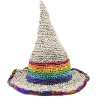 出游记彩虹巫师帽尖顶帽手工亚麻编织草帽旅行海边遮阳帽子男个性