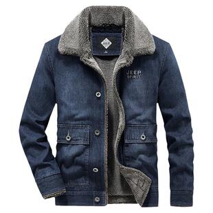 吉普JEEP羊羔绒牛仔外套男冬季加绒加厚中年爸爸棉衣翻领休闲夹克