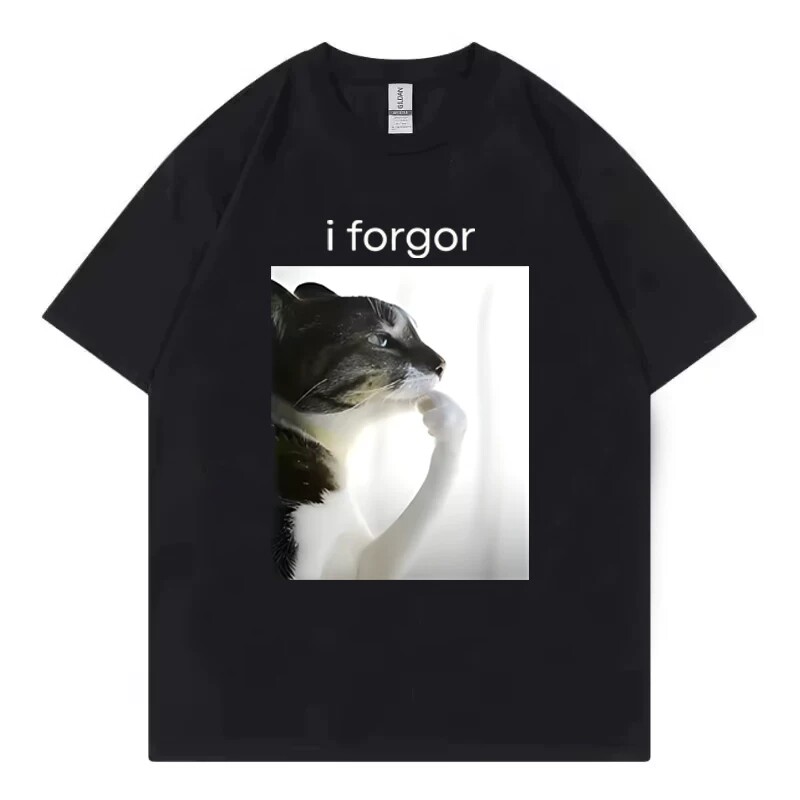 健忘思考猫咪T恤 i forgor 英文梗图小众个性圆领百搭休闲半袖TEE