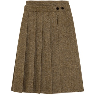 omont蛋挞家 复古羊毛百褶裙秋冬新款高腰显瘦中长款a字裙子