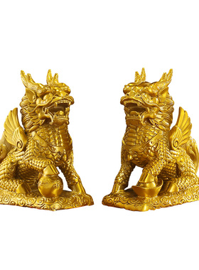 纯黄铜麒麟摆件一对财富麒麟