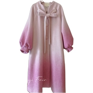 兰奕屋语原创设计 粉色渐变穿带羊毛大衣 甜美蝴蝶结多穿灯笼袖