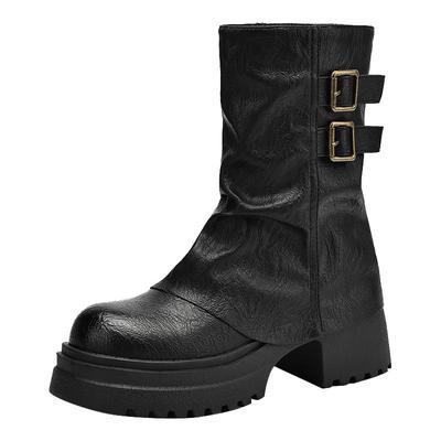 达芙妮黑色马丁靴厚底粗跟裤管靴