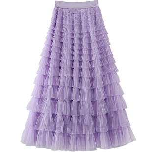 纱裙女甜美多层蛋糕网纱半身裙 浅紫色气质优雅松紧腰公主A字长裙
