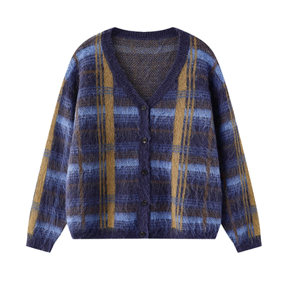 CCKOK长毛拉毛格纹V领毛衣开衫