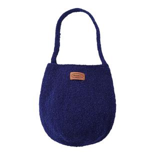 定制款~韩国蓝色毛绒单肩包女秋冬通勤手拎水桶包小众手提包包ins