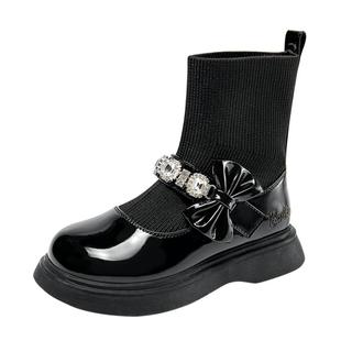 芭比童鞋女童袜子靴2025新款秋冬季加绒二棉短靴软底皮靴儿童靴子