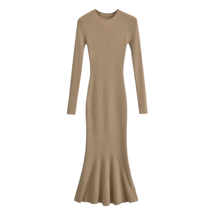 YoungGirlDay纯欲性感小圆领修身显瘦长袖针织包臀鱼尾连衣裙长裙