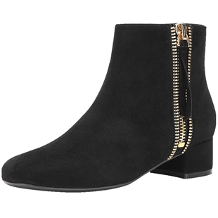 Aee/爱意冬季靴子牛皮OL通勤粗跟拉链方头中跟女短靴子1618505033