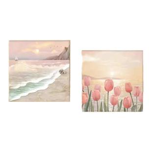 北欧奶油风客厅背景墙装饰画郁金香高级感挂画原木风墙面餐厅壁画