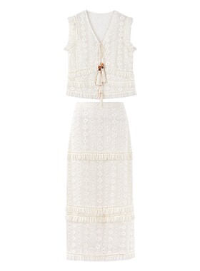 MISSCOCOON可可尼蕾丝镂空长裙女26夏新款小香风圆领木耳边短外套