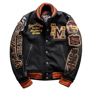 早备货！人手一件贴布绣牛皮袖子机车衣男款棒球夹克印第安复古