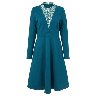 马天奴女装春夏新款蓝色收腰长袖连衣裙子拼接小立领时尚气质女装