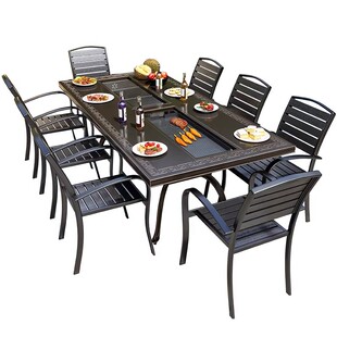 户外桌椅电烧烤餐桌铸铝露天庭院室外花园铁艺家用休闲组烧烤桌