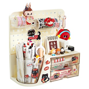 洞洞板旋转笔筒抽屉式桌面收纳盒多层分隔大容量多巴胺文具置物架整理神器送贴纸学生高颜值多功能超大笔桶