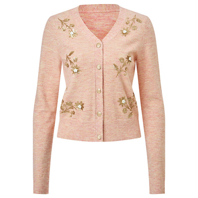 MAXRIENY亮片绣花v领针织开衫女26春款修身收腰毛织外套长袖上衣