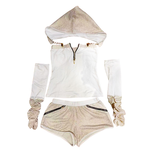 【小雨的岛】古早涩谷辣妹风金闪拉链抹胸连帽堆堆袖套短裤套装