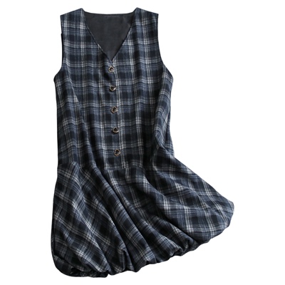 撞色格纹遮肉显瘦V领无袖背心裙