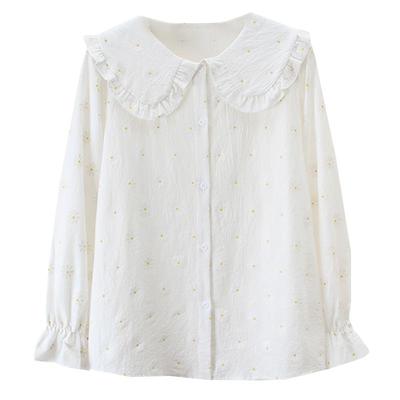 棉麻衬衫女宽松碎花娃娃领上衣外