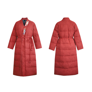 暖衣 柑香素染真丝香云纱白鹅绒羽绒服加厚中式手绣长棉衣外套冬