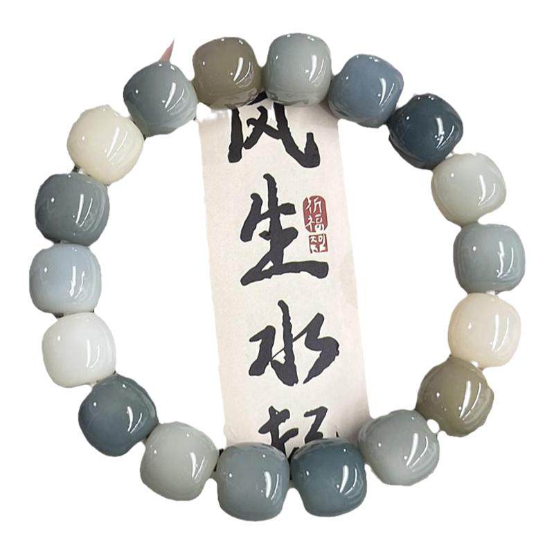 天然海盐蓝白玉菩提根手串