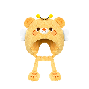 可爱黄油蜜蜂小熊毛绒帽子女冬季加绒防寒保暖护耳雷锋帽翻盖手套