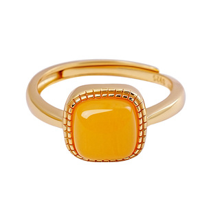 宫里上新琥珀戒指女款天然蜜蜡小方糖纯银指环手饰生日礼物送妈妈