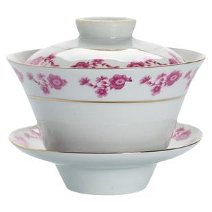 景德镇缘满瓷七十年代龙珠阁款贴花红花中式陶瓷三才盖碗大号茶碗