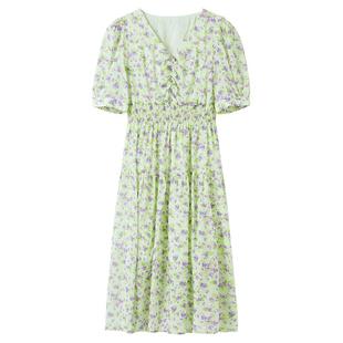 可可尼cocoon法式碎花连衣裙草绿色提花印花度假茶歇裙夏款