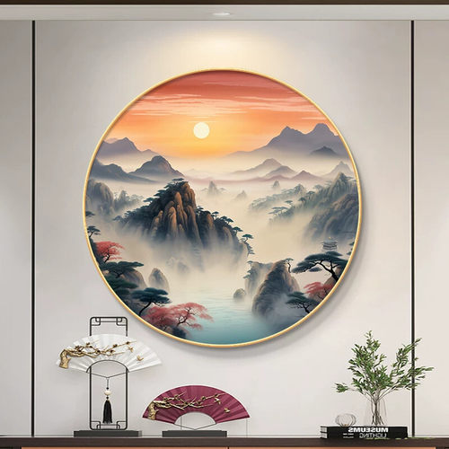 泰山日出圆形挂画客厅餐厅入户玄关装饰画旭日东升电视沙发背景墙