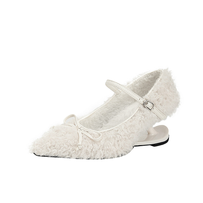 白色毛毛高跟鞋女异形坡跟法式玛丽珍鞋女秋冬加绒尖头一字带单鞋