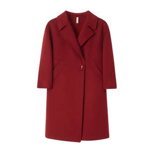 中年妈妈红色双面羊绒大衣女秋冬高级感高贵夫人大码西装毛呢外套