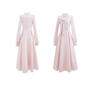 大码胖mm千金小香风蕾丝花边蝴蝶结粉色连衣裙女秋冬显瘦公主长裙