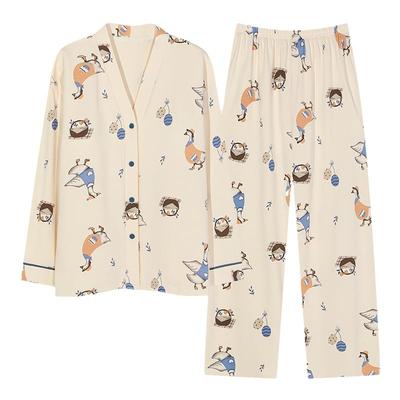 浪莎睡衣女纯棉带胸垫长袖套装