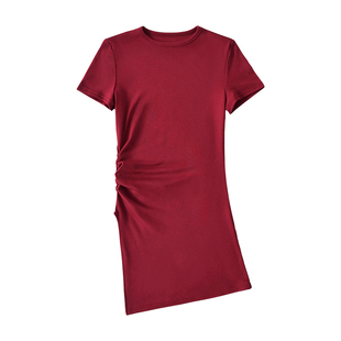 YoungGirlDay纯欲性感修身显瘦褶皱收腰侧开叉V型下摆短袖T恤上衣