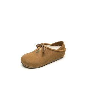 皮毛一体厚底乐福鞋女磨砂真皮坡跟松糕大棉加绒保暖系带羊毛单鞋
