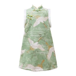 丢手绢童装鹤翎仙女童旗袍拜年服秋冬加绒无袖连衣裙新年衣服110