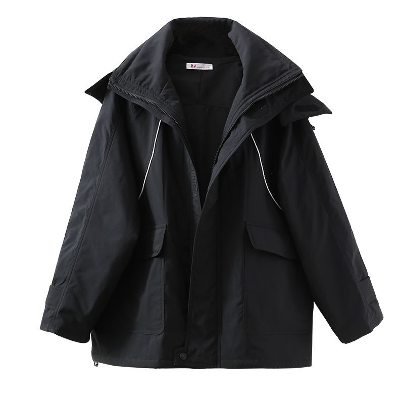 百搭黑色连帽防风冲锋衣外套棉服