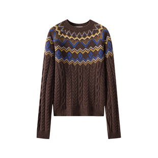 皮皮狗25秋冬新品女士圆领绞花羊绒衫费尔岛提花复古纹理几何波浪