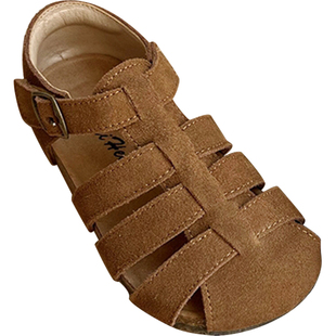 韩国夏季女童博肯凉鞋洋气磨砂真皮包头男童编织罗马软底沙滩鞋潮