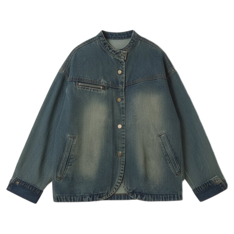 超好看的日系复古做旧牛仔外套女春秋宽松休闲小众设计感夹克上衣