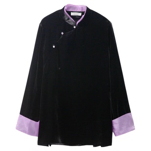 SILVIYE溯也 真丝丝绒立领上衣女桑蚕丝新中式欧根纱拼接挽袖衬衣